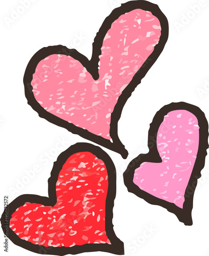 クレヨン風の質感で描かれた赤とピンクの3つのハートセット