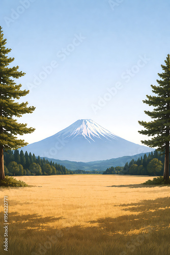 Majestic Mount Fuji Ascends Above a Golden Field of Grass with Pine Trees on Either Side in a Serene Japanese Landscape