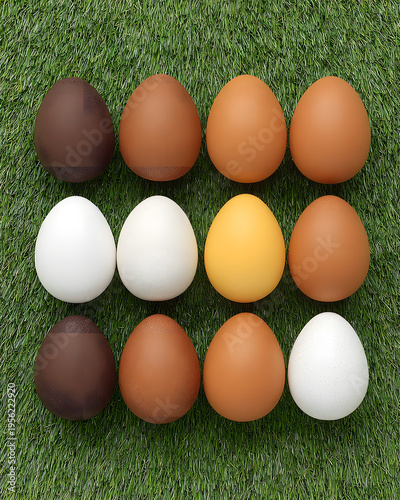 Colorful eggs display on grass farmyard food natural