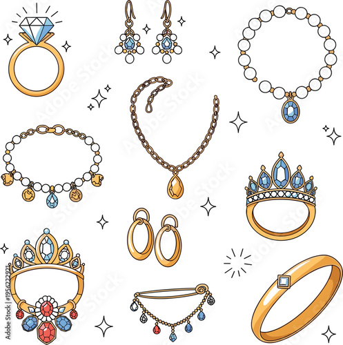 Luxury Jewelry Accessories Vector Icon Set with Diamond Ring, Necklace, Earrings, Crown, Bracelet, Gold Bangle and Elegant Fashion Jewelry Collection