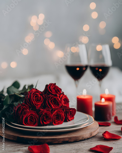 Romantic dinner setup with red roses lighting indoor scene intimate atmosphere