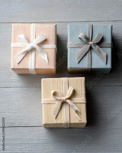 Gift wrapped presents on wooden surface lifestyle minimalist