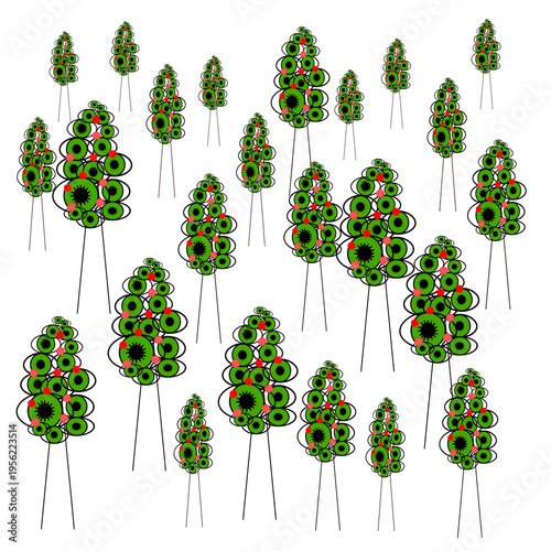 Stylized abstract trees composed of circular shapes in green and red, arranged in a playful pattern on light background, modern decorative nature-inspired design.