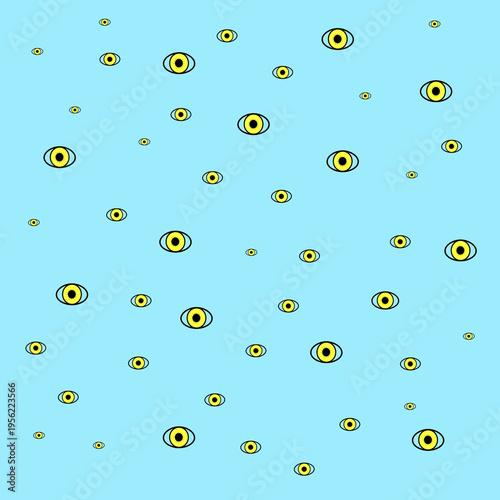 Seamless pattern with stylized yellow eyes on blue background, playful and surreal design symbolizing observation, awareness and visual perception.
