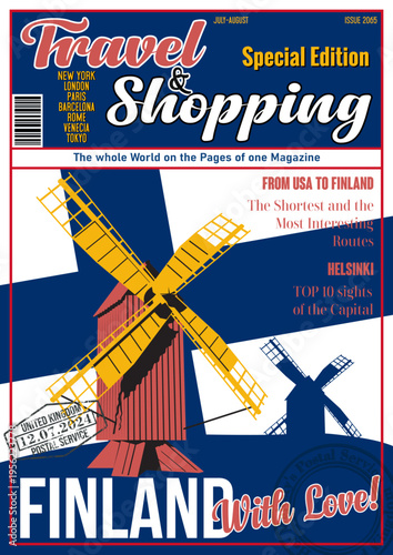 Travel and Shopping Magazine Fake Cover. Finland with Love. Finnish Tourist Attraction The Aland Islands Illustration. Old Windmills Panorama, Finland Flag, Vector Template for Touristic Illustrations