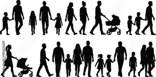 family walking silhouettes collection parents children stroller people outdoor activity lifestyle parenting togetherness isolated black figures illustration set