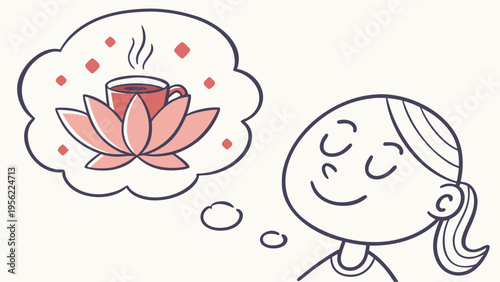 Illustration of a woman daydreaming about a steaming cup of coffee adorned with a lotus flower