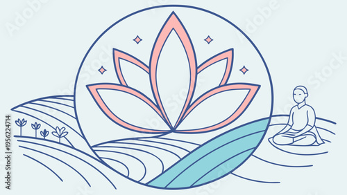 Relaxing Nature Landscape Mockup with Lotus Flower and Person Meditating in a Circle