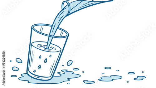 Mockup illustration of water being poured into a glass spilling onto a surface