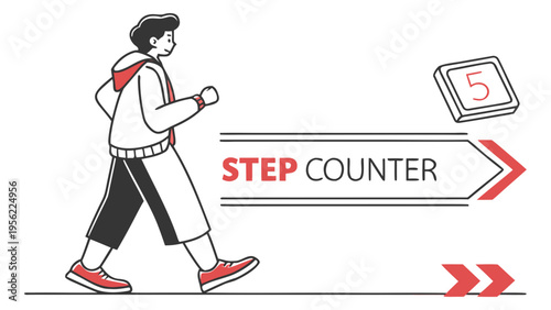 Step Counter Mockup Illustration of a Person Walking with a Digital Display and Running Track graphic