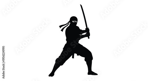 A lone ninja warrior poised with a katana dramatic silhouette