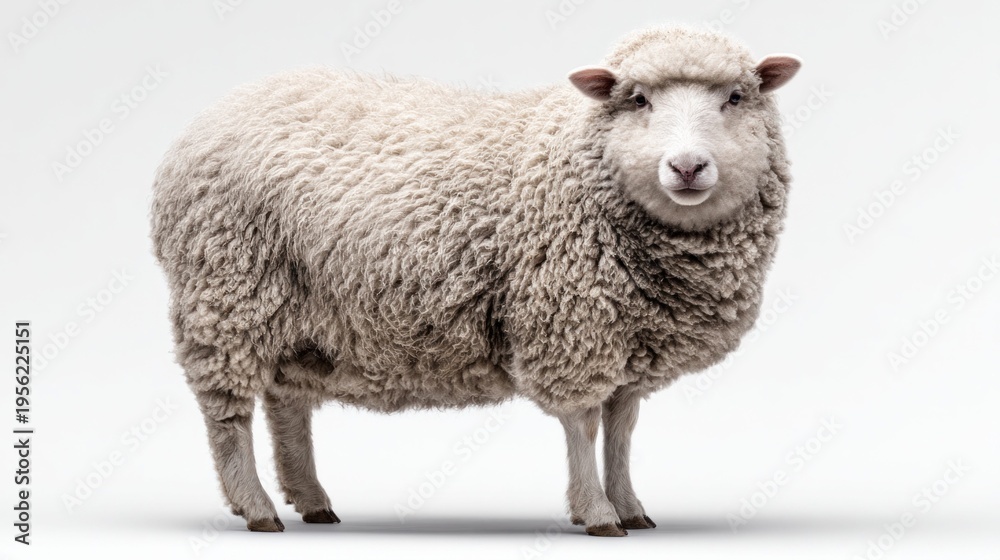 Fototapeta premium A fluffy white sheep stands facing forward against a clean white background