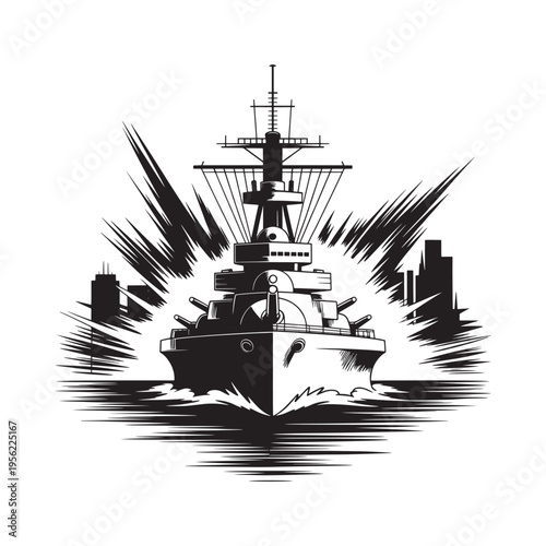 Vintage style illustration of a battleship sailing through turbulent waters