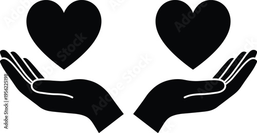 Hands holding heart silhouette, love care vector, compassion giving design, flat illustration, unity symbol, emotional connection, kindness gesture artwork