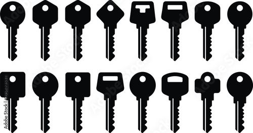 Key silhouette icons, security lock vector, flat illustration design, access control artwork, locksmith tools, household keys, privacy protection symbol