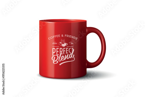 Vector 3d Realistic Red Coffee Mug Mockup with Vintage Typography Print. Ceramic Cup for Branding and Merch Design. Realistic 3d Vector Illustration Isolated