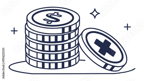 Minimalist illustration of a stack of coins and a single coin with a cross symbol, suitable for a mobile wallet icon mockup in vector format
