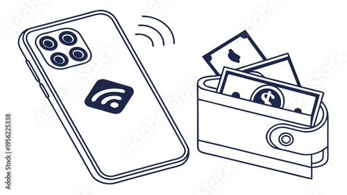 Illustration mockup of a contactless payment system with a smartphone and wallet, demonstrating secure digital money transfer and financial transactions