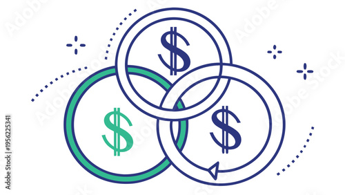 Financial concept mockup with interlocking circles displaying dollar signs, representing income, expenses, and savings in a digital wallet icon
