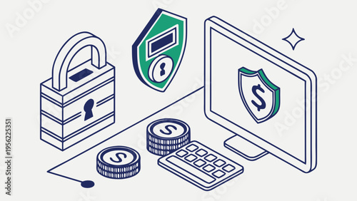 Isometric digital security and financial management mockup with padlock, shield icons, computer monitor, coins and calculator, financial security concept