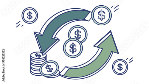 Conceptual illustration mockup showing a circular flow of money with coins and arrows, representing financial transactions and exchange on a white background