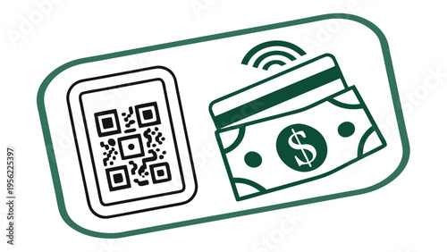 Digital Payment Transaction Mockup with QR Code, Credit Card, and Cash Icons on a Green Background