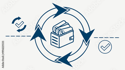 A cyclical process with a wallet and checkmarks representing secure and efficient financial transactions and tax payment processes, a digital mockup