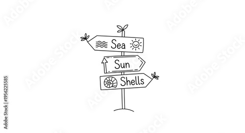 Hand-Drawn Beach Signpost with Sea, Sun, and Shells Destinations