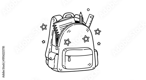 Illustrated School Backpack with Notebook, Pencil, Ruler, and Star Accents