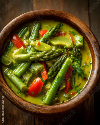 Delicious green vegetable curry kitchen food warm lighting culinary