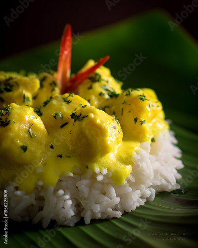 Delicious curry dish with rice kitchen food indoors close-up
