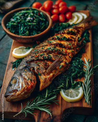 Grilled fish coastal kitchen food rustic top view