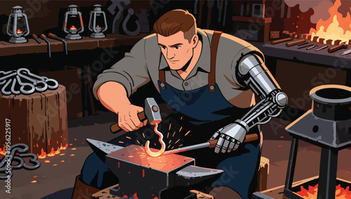 Blacksmith with Cybernetic Arm Forging a Horseshoe in a Fiery Workshop forge anvil.
