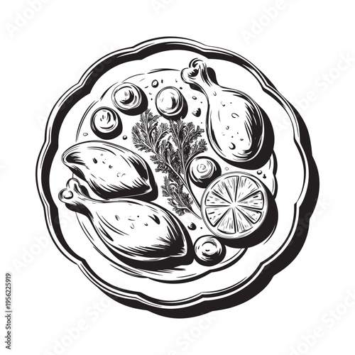 A black and white illustration of roasted chicken with lemon and herbs