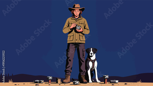 Adventurous Person with Dog and Cameras in Outdoor Setting animal.