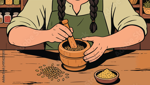 Close-up of hands grinding seeds with a mortar and pestle in a rustic kitchen setting vector illustration.