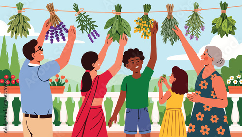 Diverse group of people hanging dried herbs and flowers on a clothesline on a balcony vector illustration.