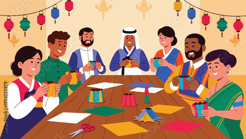 Diverse group of people in traditional clothing making crafts at a table with gifts presents.