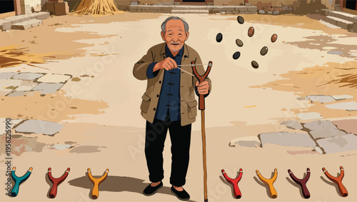 Elderly Asian Man with Slingshot and Stones in a Rustic Courtyard elderly man senior citizen.