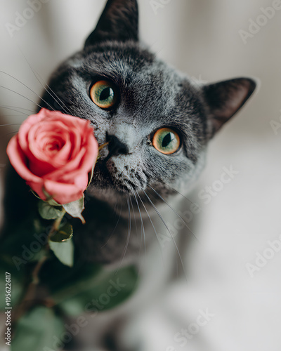 Curious cat sniffs rose cozy home animal close-up whimsical