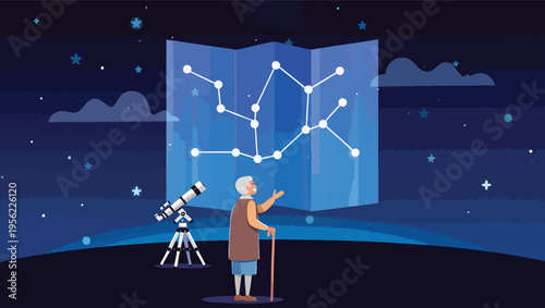 Elderly man with cane and telescope looking at a constellation map under a starry night sky stars.