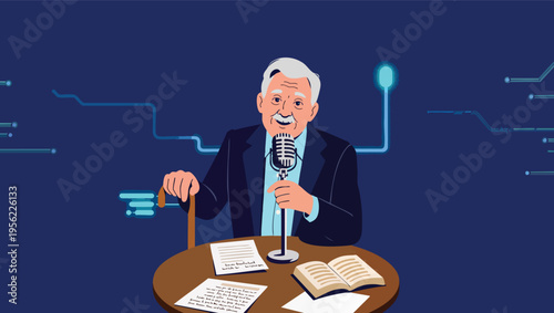 Elderly man with microphone and cane speaking at a table with papers and an open book vector illustration.