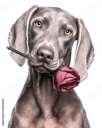 Playful dog holding rose indoor studio pet cute concept
