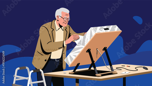 Elderly man with glasses and walker using a digital drawing tablet and stylus senior digital tablet.