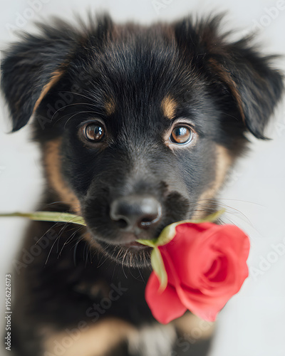 Playful puppy holding rose indoor lifestyle portrait cute environment