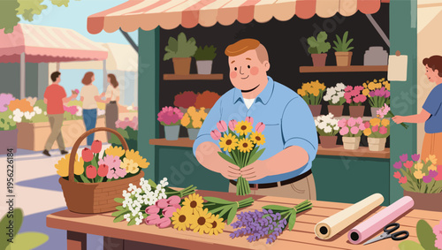 Florist Arranging Bouquets at Outdoor Flower Market Stall flowers.