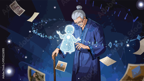 Elderly person in kimono interacts with a glowing holographic digital spirit in a dark star filled room.