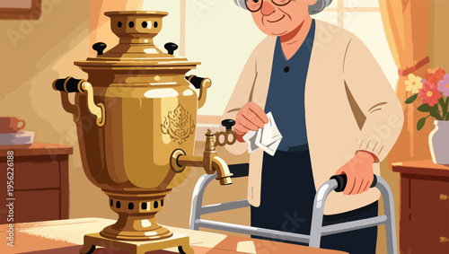 Elderly Woman with Walker and Traditional Samovar in a Cozy Room senior citizen mobility aid.