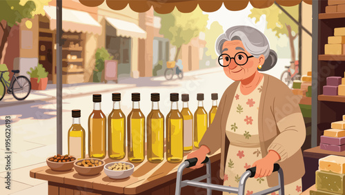 Elderly woman with walker at a market stall selling oil and nuts vector illustration.