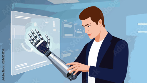 Man examining a robotic prosthetic arm with a digital interface displaying circuit board patterns vector.